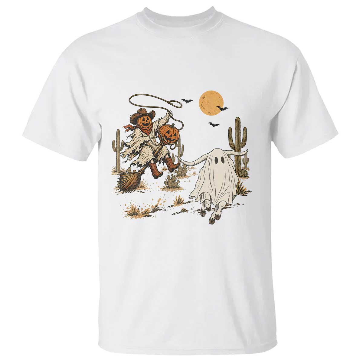 Pumpkin Head Ghost Cowboy Roping Longhorn T Shirt Spooky Western Halloween Rodeo Gift