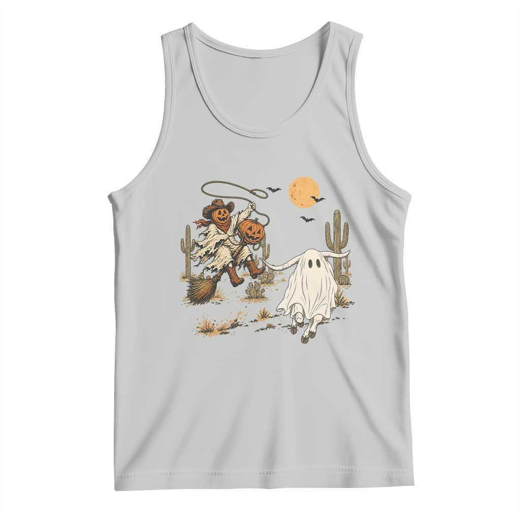 Pumpkin Head Ghost Cowboy Roping Longhorn Tank Top Spooky Western Halloween Rodeo Gift
