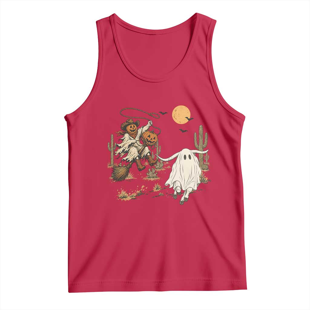 Pumpkin Head Ghost Cowboy Roping Longhorn Tank Top Spooky Western Halloween Rodeo Gift