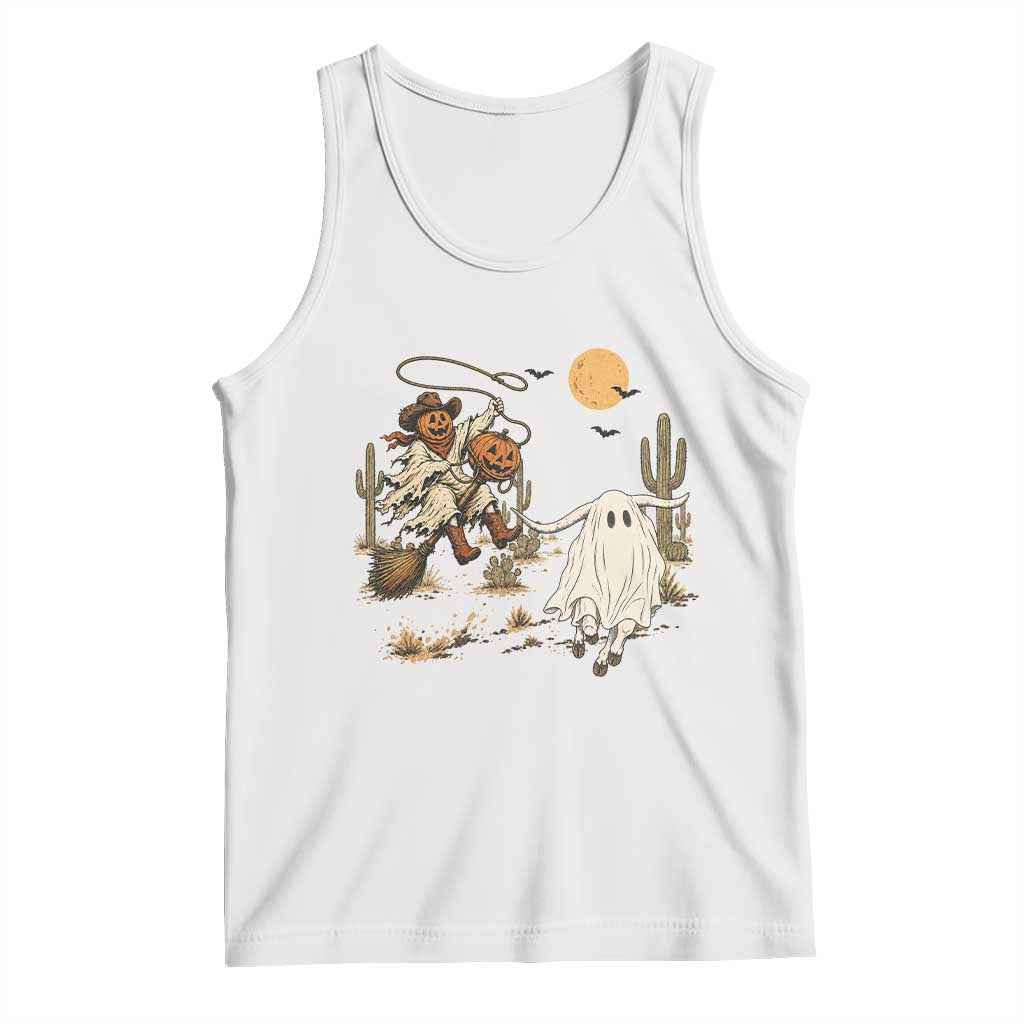 Pumpkin Head Ghost Cowboy Roping Longhorn Tank Top Spooky Western Halloween Rodeo Gift