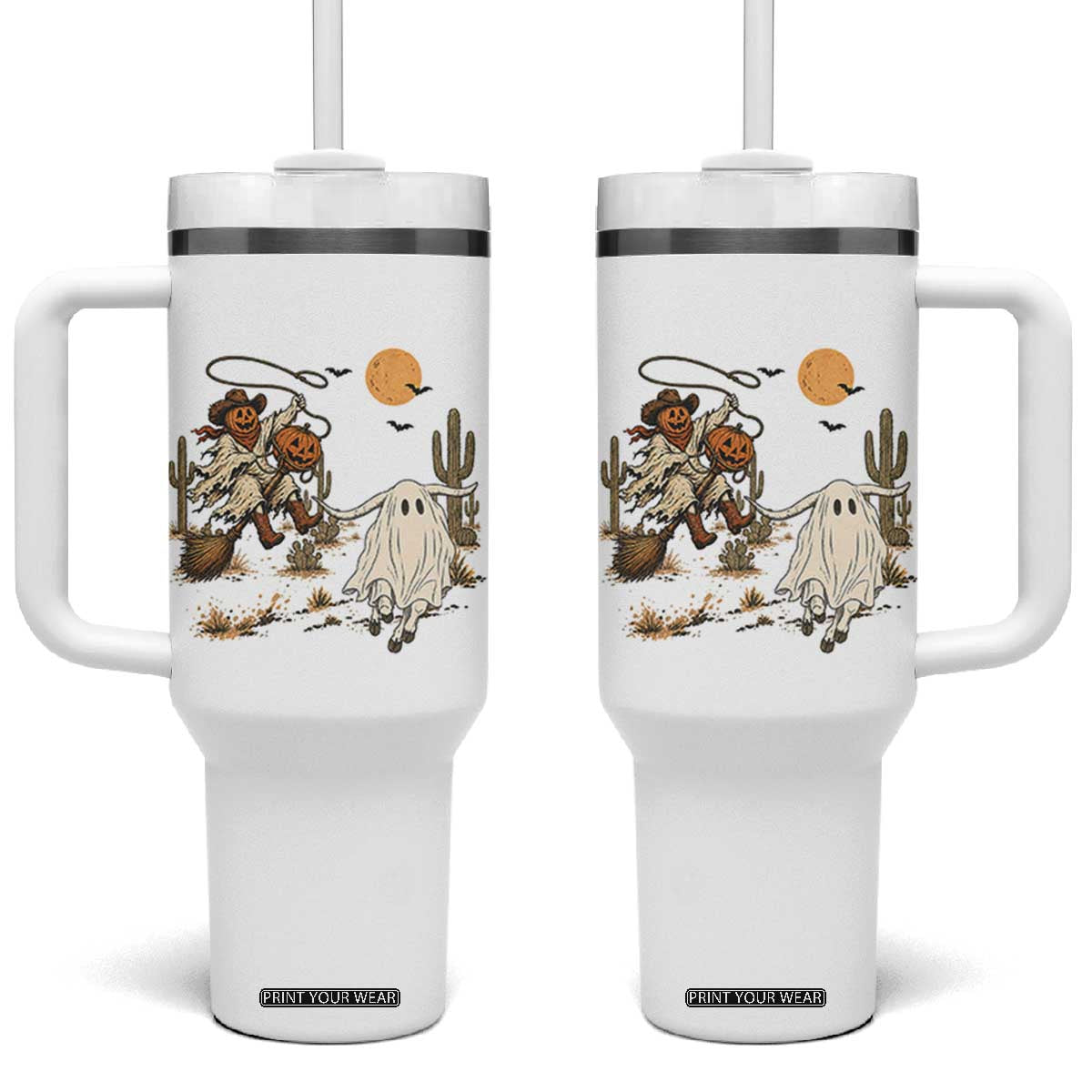 Pumpkin Head Ghost Cowboy Roping Longhorn Tumbler With Handle Spooky Western Halloween Rodeo Gift