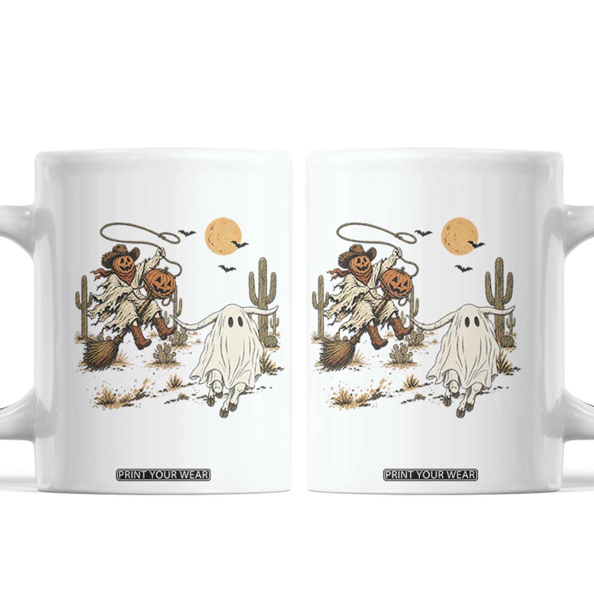 Pumpkin Head Ghost Cowboy Roping Longhorn Coffee Mug Spooky Western Halloween Rodeo Gift