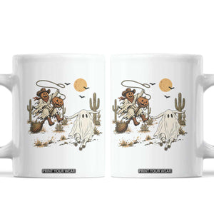 Pumpkin Head Ghost Cowboy Roping Longhorn Coffee Mug Spooky Western Halloween Rodeo Gift