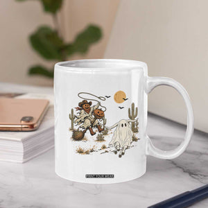 Pumpkin Head Ghost Cowboy Roping Longhorn Coffee Mug Spooky Western Halloween Rodeo Gift