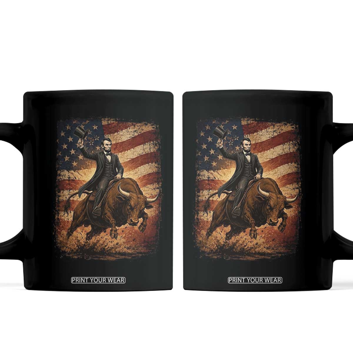 Abraham Abe Lincoln Bull Rider Coffee Mug Vintage Patriotic Cowboy USA Flag Rodeo Gift