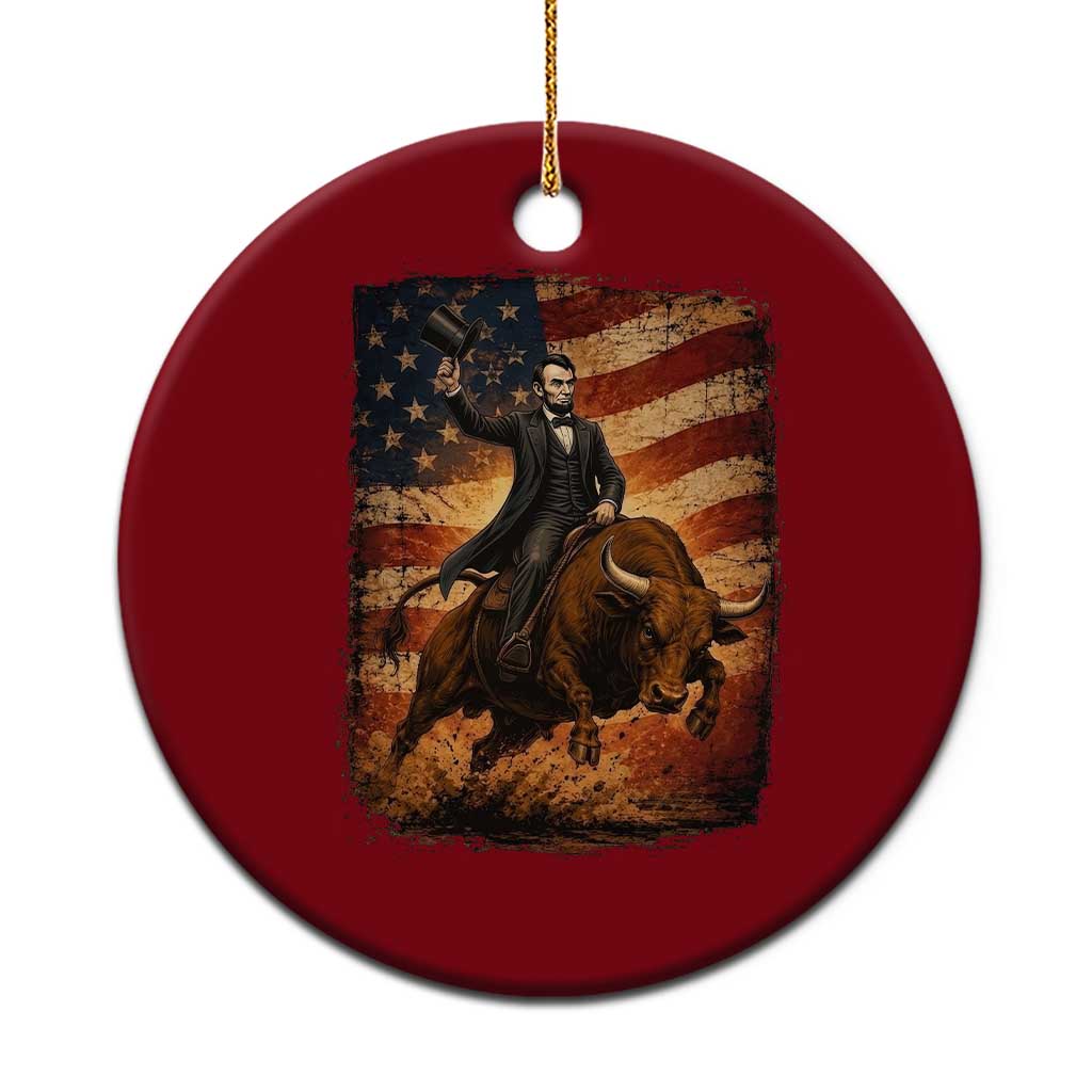 Abraham Abe Lincoln Bull Rider Ceramic Ornament Vintage Patriotic Cowboy USA Flag Rodeo Gift