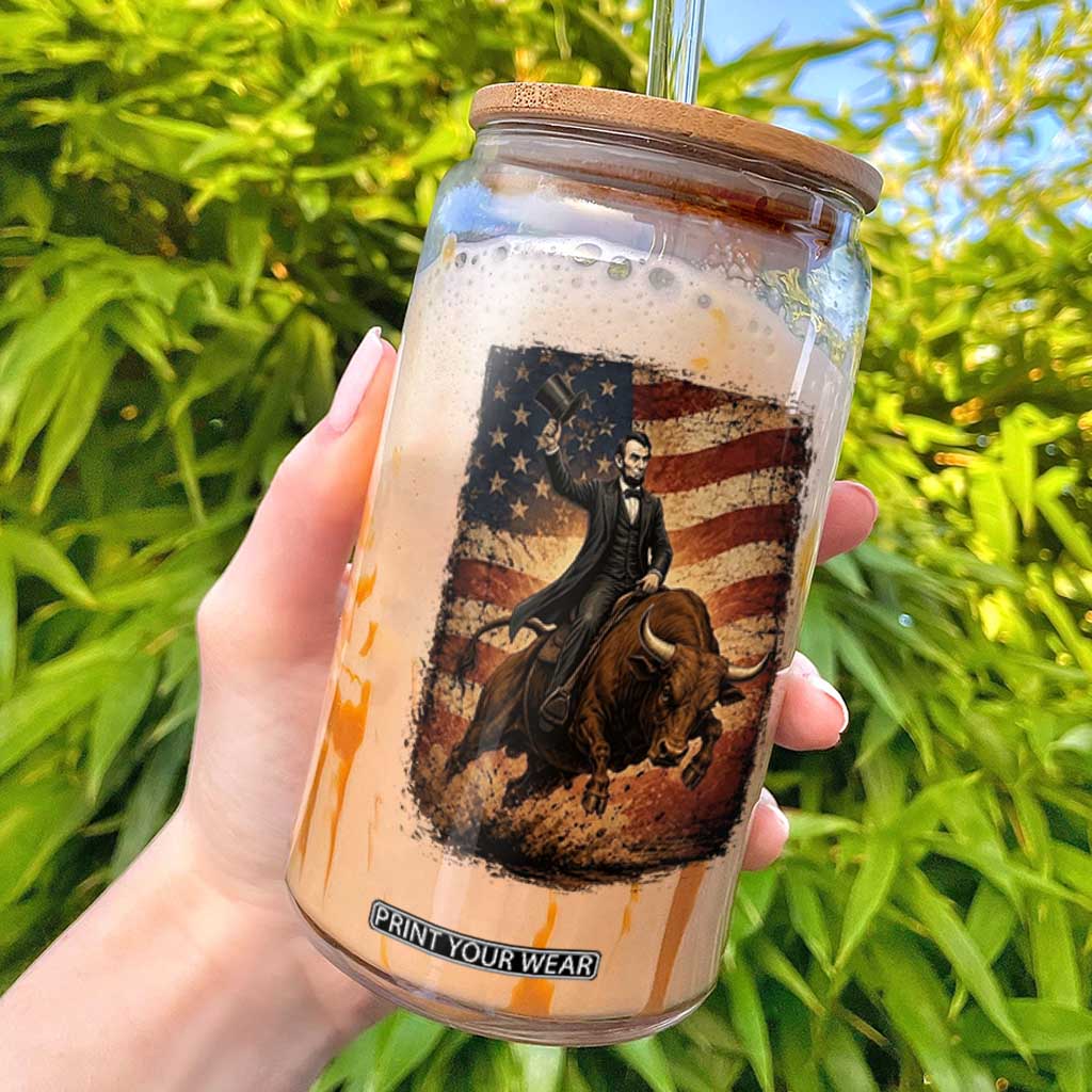 Abraham Abe Lincoln Bull Rider Glass Can Vintage Patriotic Cowboy USA Flag Rodeo Gift