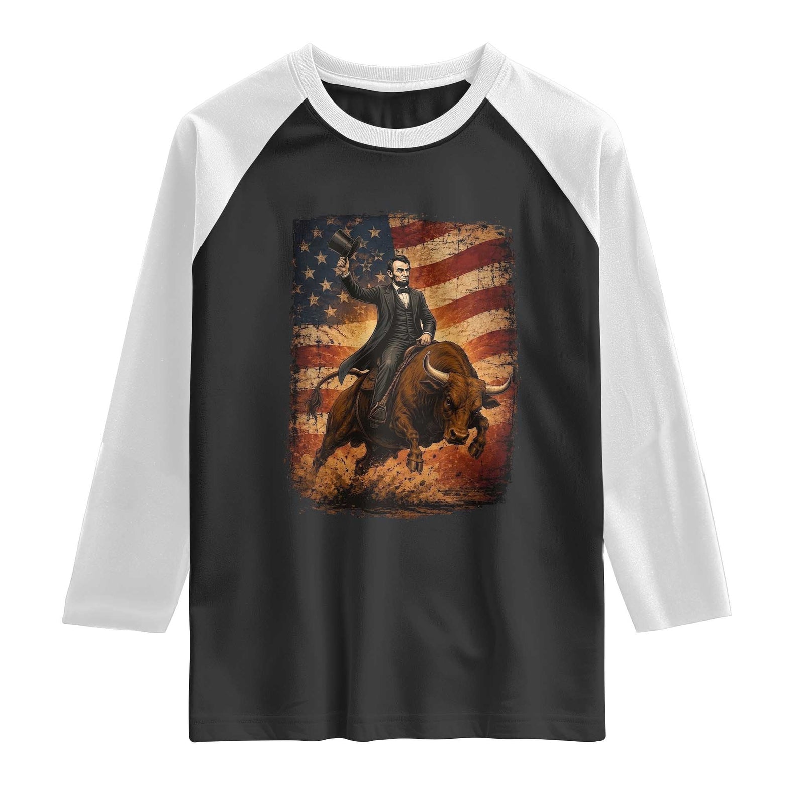 Abraham Abe Lincoln Bull Rider Raglan Shirt Vintage Patriotic Cowboy USA Flag Rodeo Gift