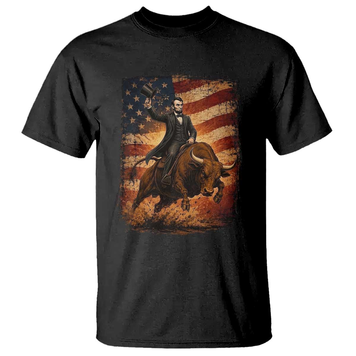 Abraham Abe Lincoln Bull Rider T Shirt Vintage Patriotic Cowboy USA Flag Rodeo Gift