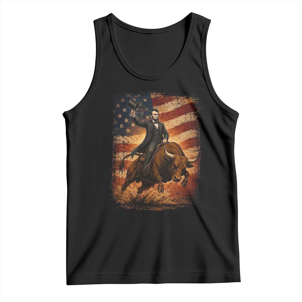 Abraham Abe Lincoln Bull Rider Tank Top Vintage Patriotic Cowboy USA Flag Rodeo Gift