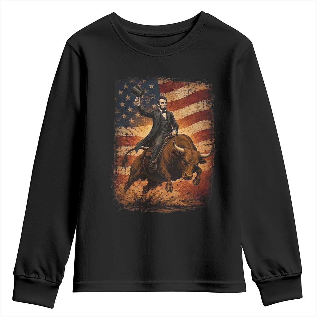 Abraham Abe Lincoln Bull Rider Youth Sweatshirt Vintage Patriotic Cowboy USA Flag Rodeo Gift