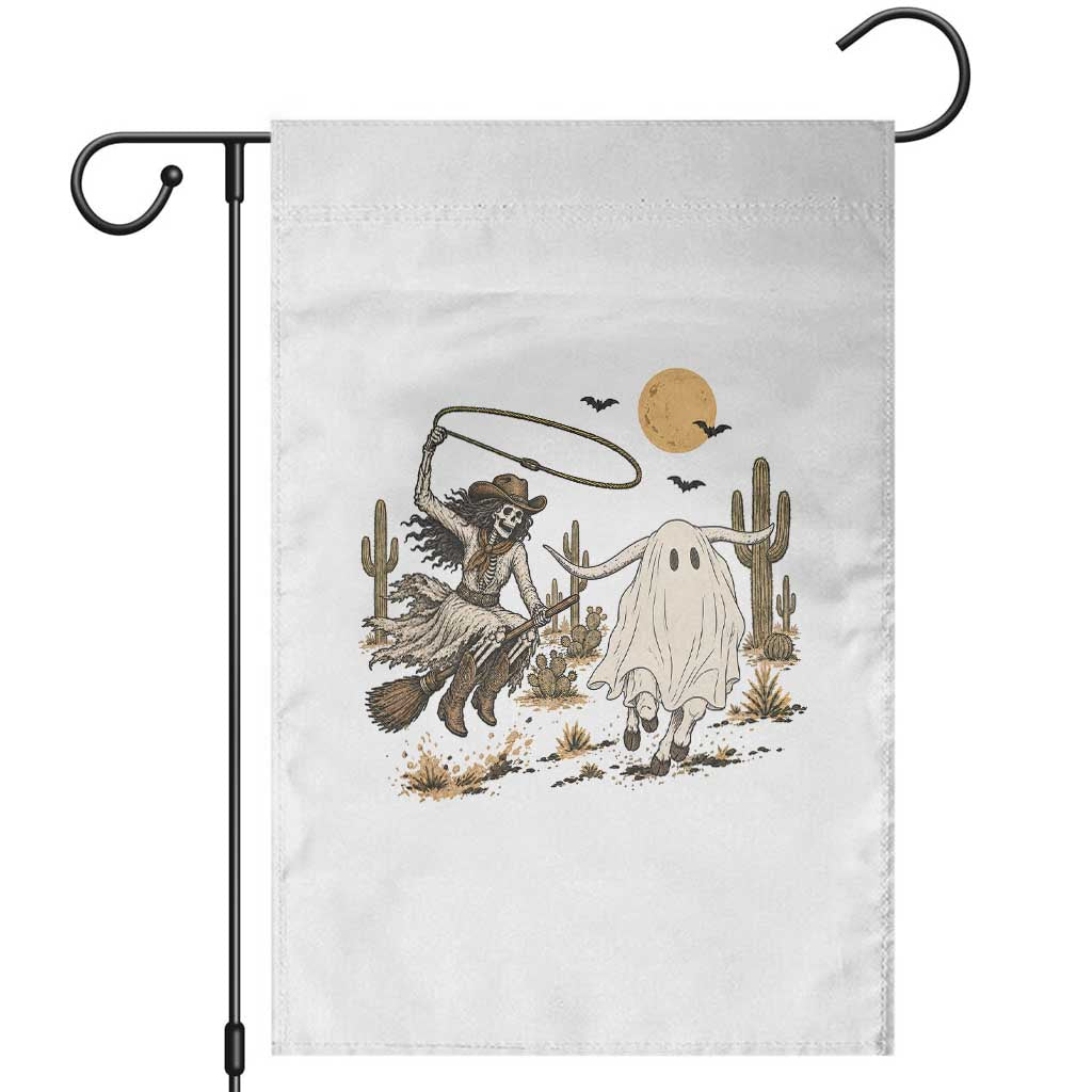 Skeleton Cowgirl Witch Roping Longhorn Garden Flag Spooky Western Halloween Rodeo Gift