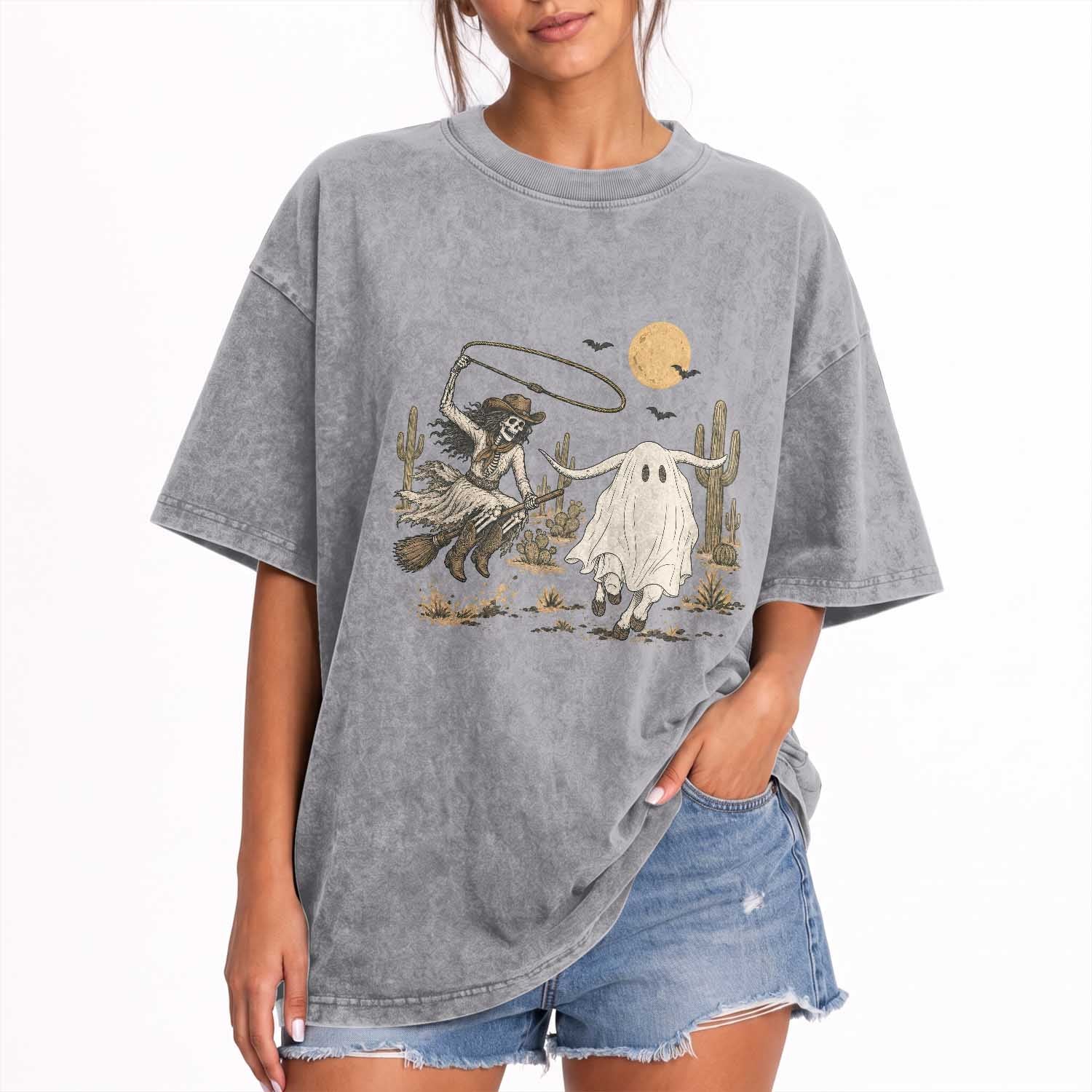 Skeleton Cowgirl Witch Roping Longhorn Washed Cotton T-Shirt Spooky Western Halloween Rodeo Gift