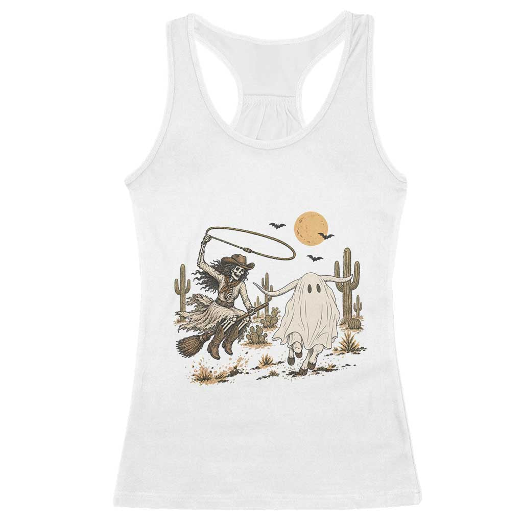 Skeleton Cowgirl Witch Roping Longhorn Racerback Tank Top Spooky Western Halloween Rodeo Gift