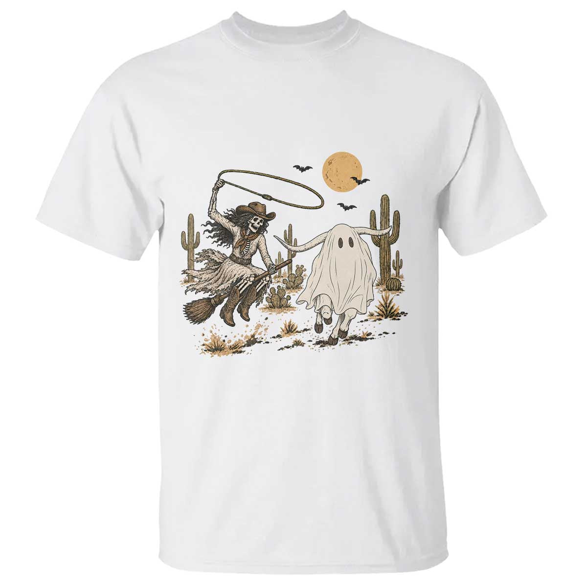 Skeleton Cowgirl Witch Roping Longhorn T Shirt Spooky Western Halloween Rodeo Gift
