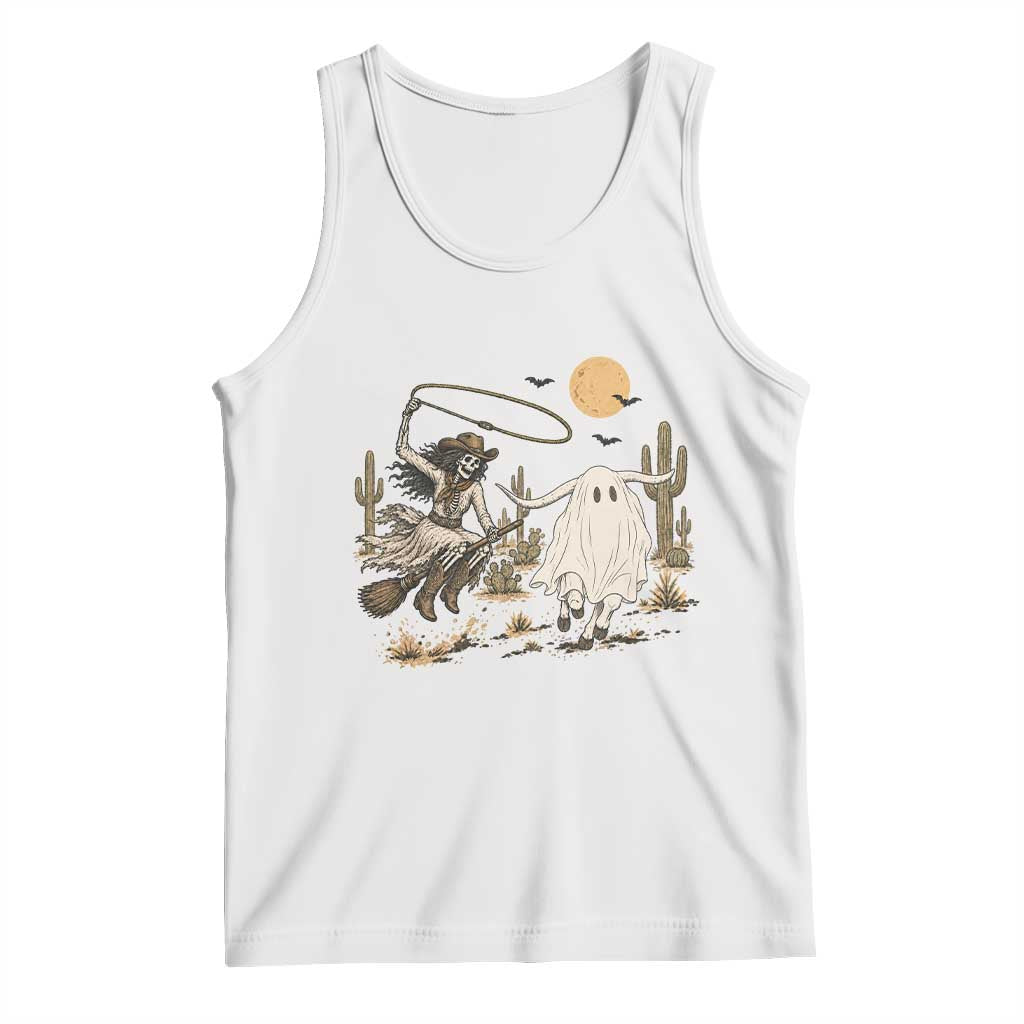 Skeleton Cowgirl Witch Roping Longhorn Tank Top Spooky Western Halloween Rodeo Gift
