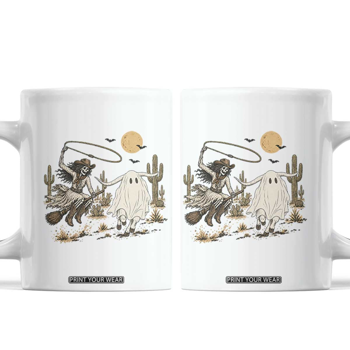 Skeleton Cowgirl Witch Roping Longhorn Coffee Mug Spooky Western Halloween Rodeo Gift