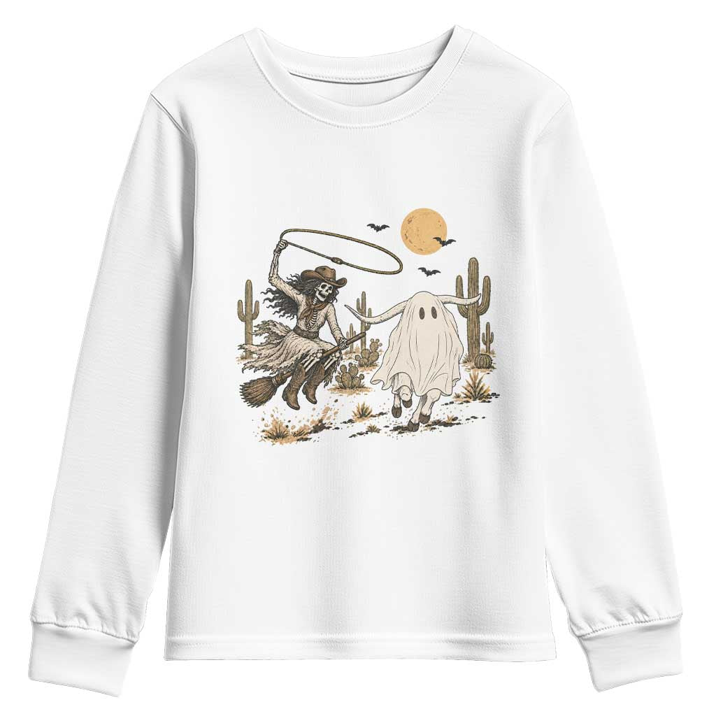 Skeleton Cowgirl Witch Roping Longhorn Youth Sweatshirt Spooky Western Halloween Rodeo Gift