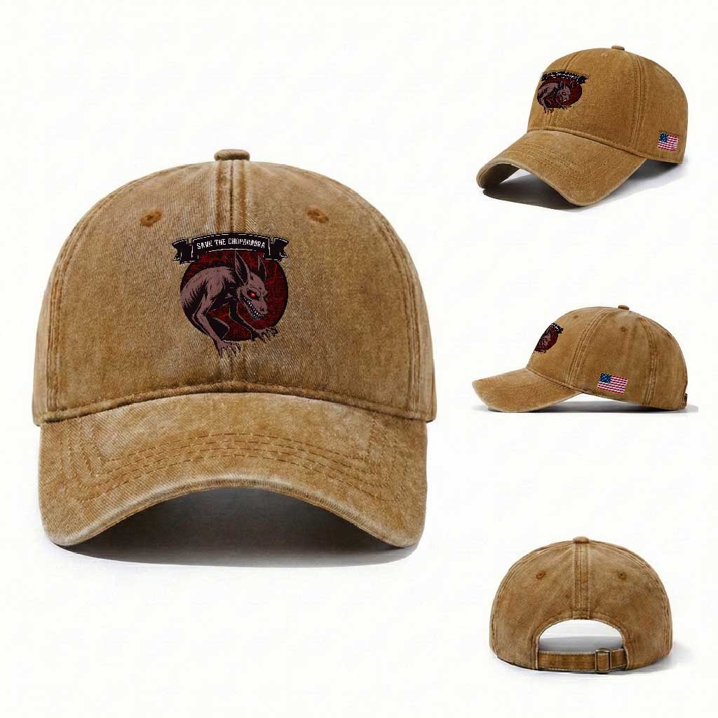 Chupacabra Washed Cotton Baseball Cap Gothic Horror Save The Cryptid Gift TS12 Washed Cap Universal Fit Yellow Ochre Print Your Wear