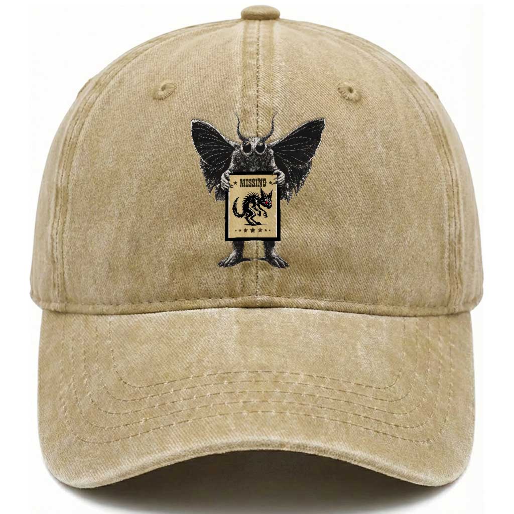 Mothman Missing Chupacabra Washed Cotton Baseball Cap Funny Cryptid Gift TS12 Washed Cap Universal Fit Khaki Print Your Wear