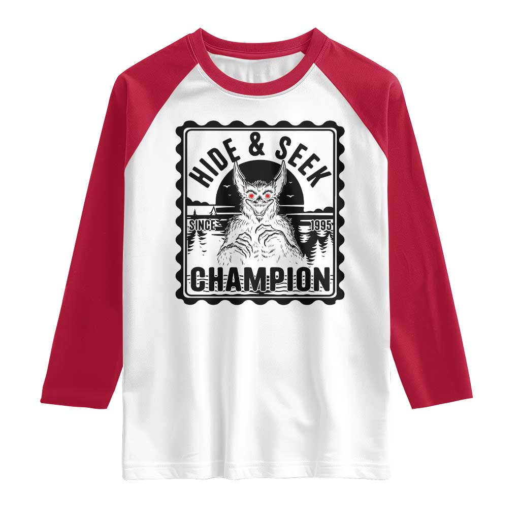 Chupacabra Hide And Seek Champion Since 1995 Raglan Shirt Cryptid Gift TS12 White Red Print Your Wear