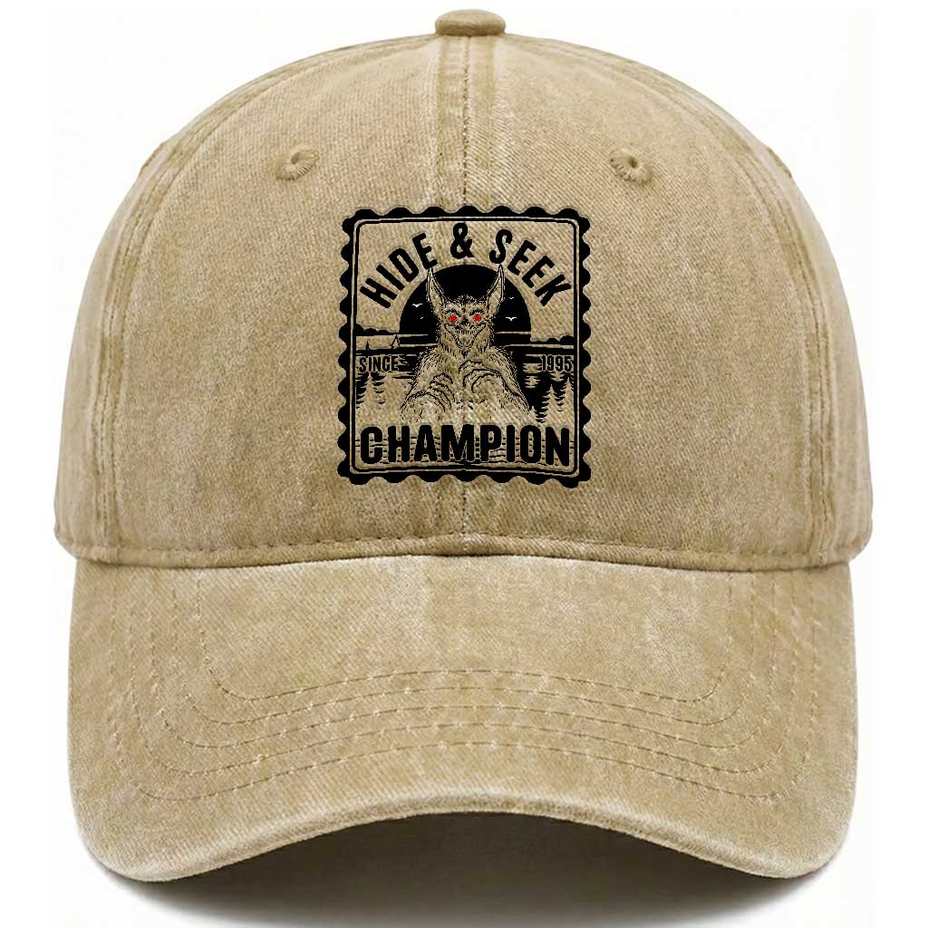 Chupacabra Hide And Seek Champion Since 1995 Washed Cotton Baseball Cap Cryptid Gift TS12 Washed Cap Universal Fit Khaki Print Your Wear