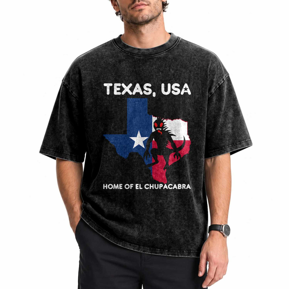 Chupacabra Texas Washed Cotton T-Shirt Home Of El Chupacabra Gothic Horror Gift