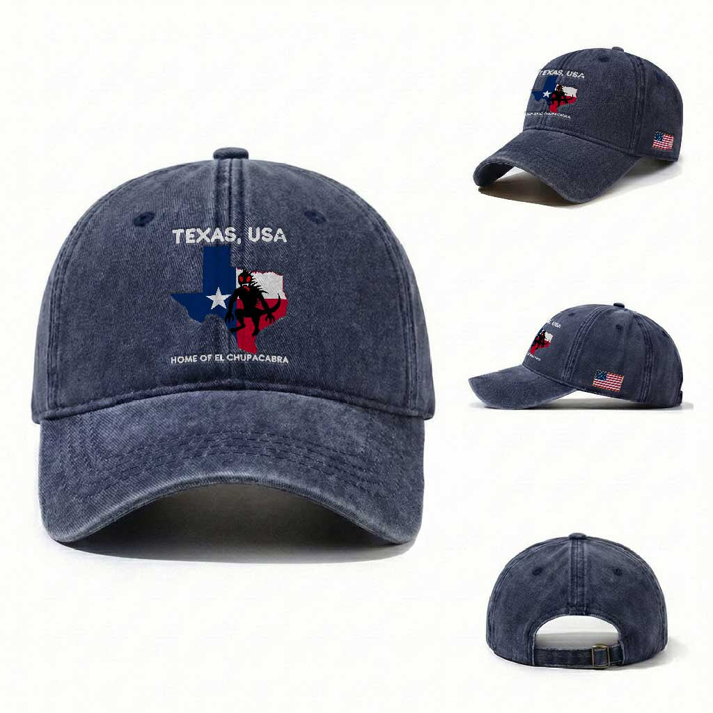 Chupacabra Texas Washed Cotton Baseball Cap Home Of El Chupacabra Gothic Horror Gift TS12 Washed Cap Universal Fit Navy Print Your Wear