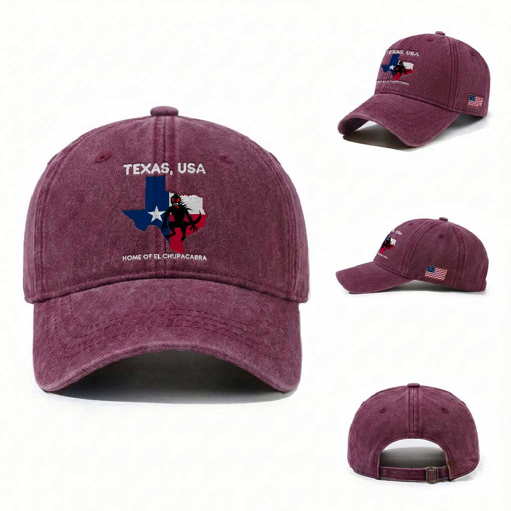 Chupacabra Texas Washed Cotton Baseball Cap Home Of El Chupacabra Gothic Horror Gift TS12 Washed Cap Universal Fit Burgundy Print Your Wear