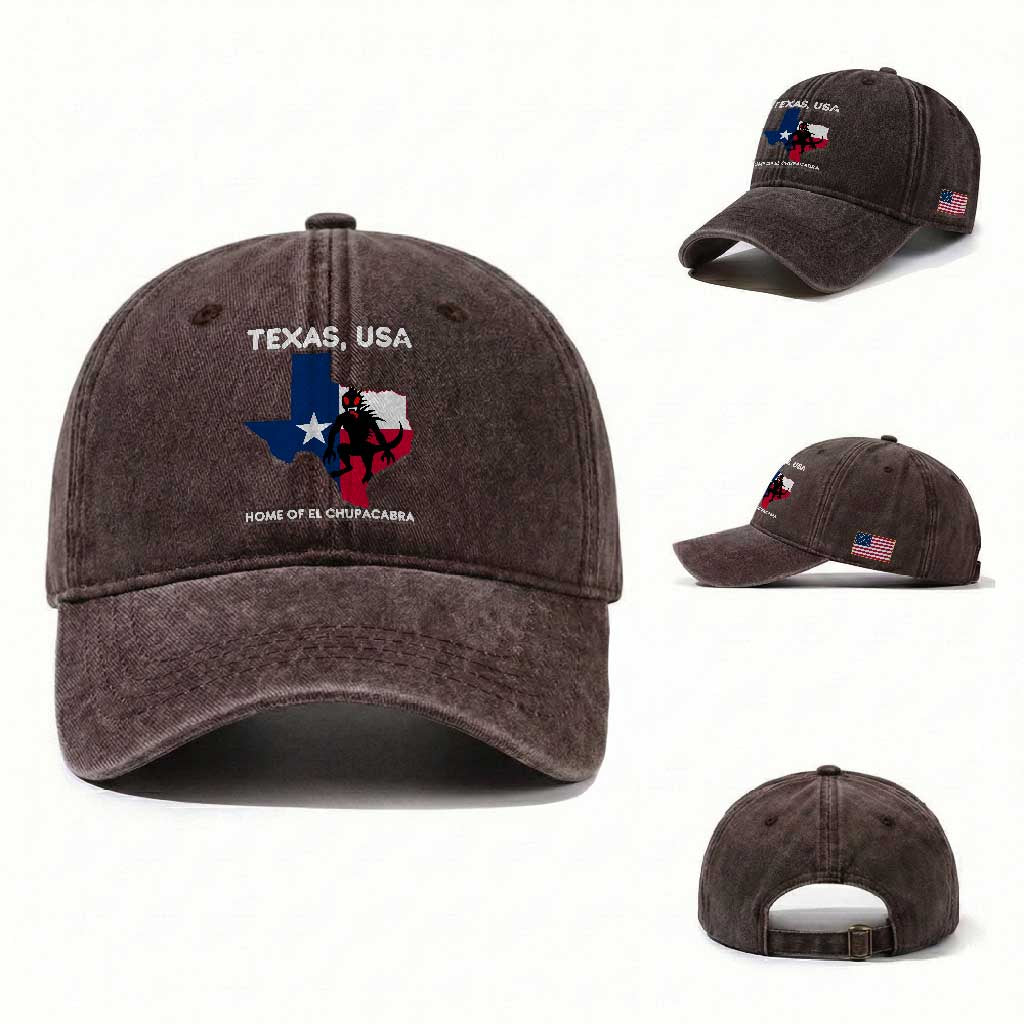 Chupacabra Texas Washed Cotton Baseball Cap Home Of El Chupacabra Gothic Horror Gift TS12 Washed Cap Universal Fit Dark Brown Print Your Wear