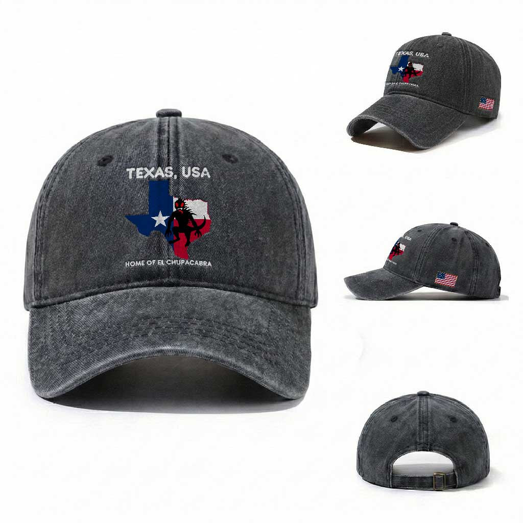 Chupacabra Texas Washed Cotton Baseball Cap Home Of El Chupacabra Gothic Horror Gift TS12 Washed Cap Universal Fit Dark Gray Print Your Wear