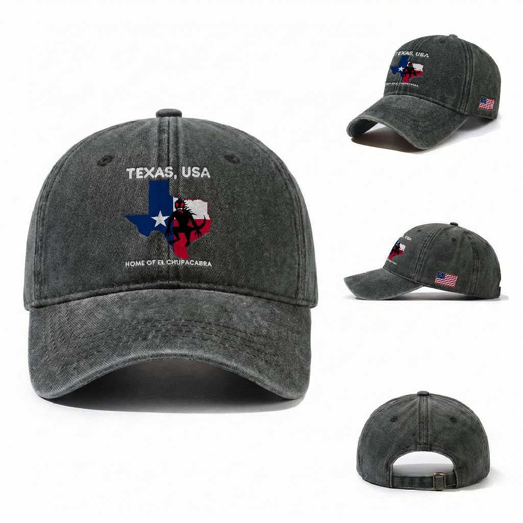 Chupacabra Texas Washed Cotton Baseball Cap Home Of El Chupacabra Gothic Horror Gift TS12 Washed Cap Universal Fit Dark Green Print Your Wear