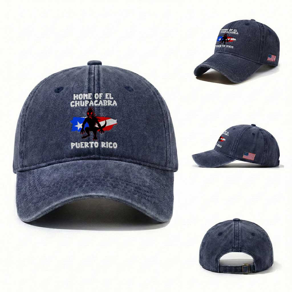 Chupacabra Washed Cotton Baseball Cap Home Of Puerto Rico Legend Gothic Horror Gift TS12 Washed Cap Universal Fit Navy Print Your Wear
