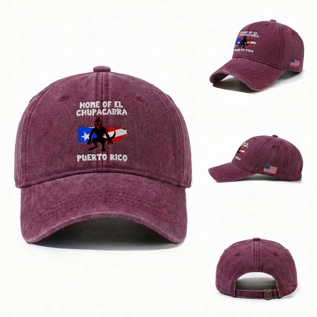 Chupacabra Washed Cotton Baseball Cap Home Of Puerto Rico Legend Gothic Horror Gift TS12 Washed Cap Universal Fit Burgundy Print Your Wear