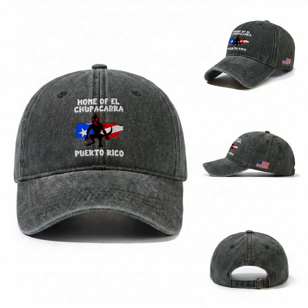 Chupacabra Washed Cotton Baseball Cap Home Of Puerto Rico Legend Gothic Horror Gift TS12 Washed Cap Universal Fit Dark Green Print Your Wear