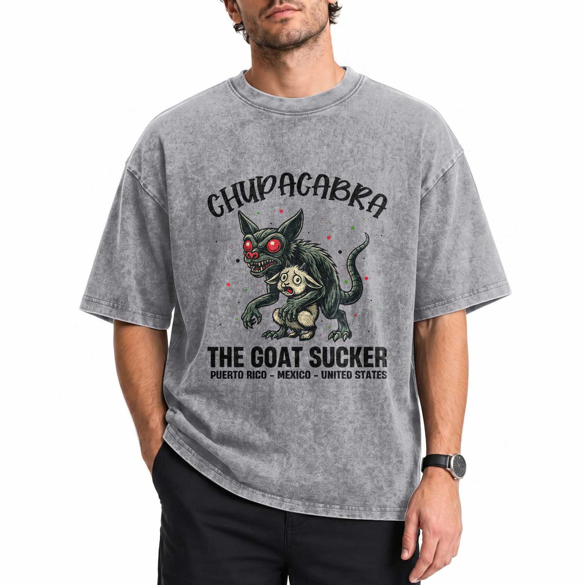Chupacabra Washed Cotton T-Shirt The Goat Sucker Vintage Horror Cryptid Gift