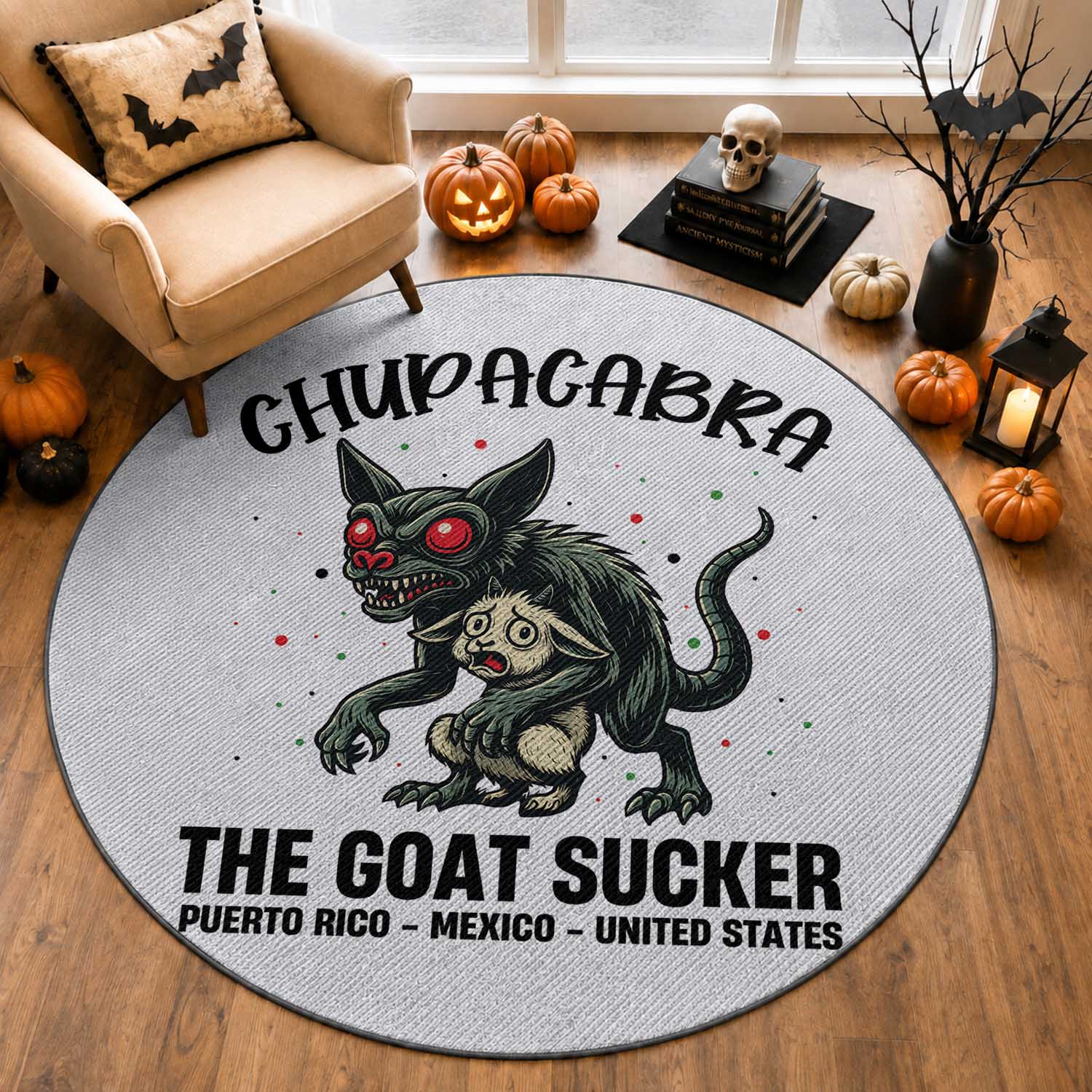 Chupacabra Round Rug The Goat Sucker Vintage Horror Cryptid Gift