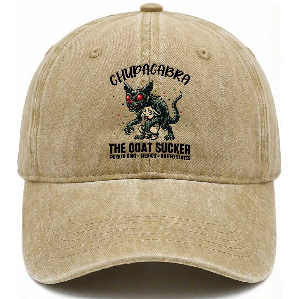 Chupacabra Washed Cotton Baseball Cap The Goat Sucker Vintage Horror Cryptid Gift TS12 Washed Cap Universal Fit Khaki Print Your Wear