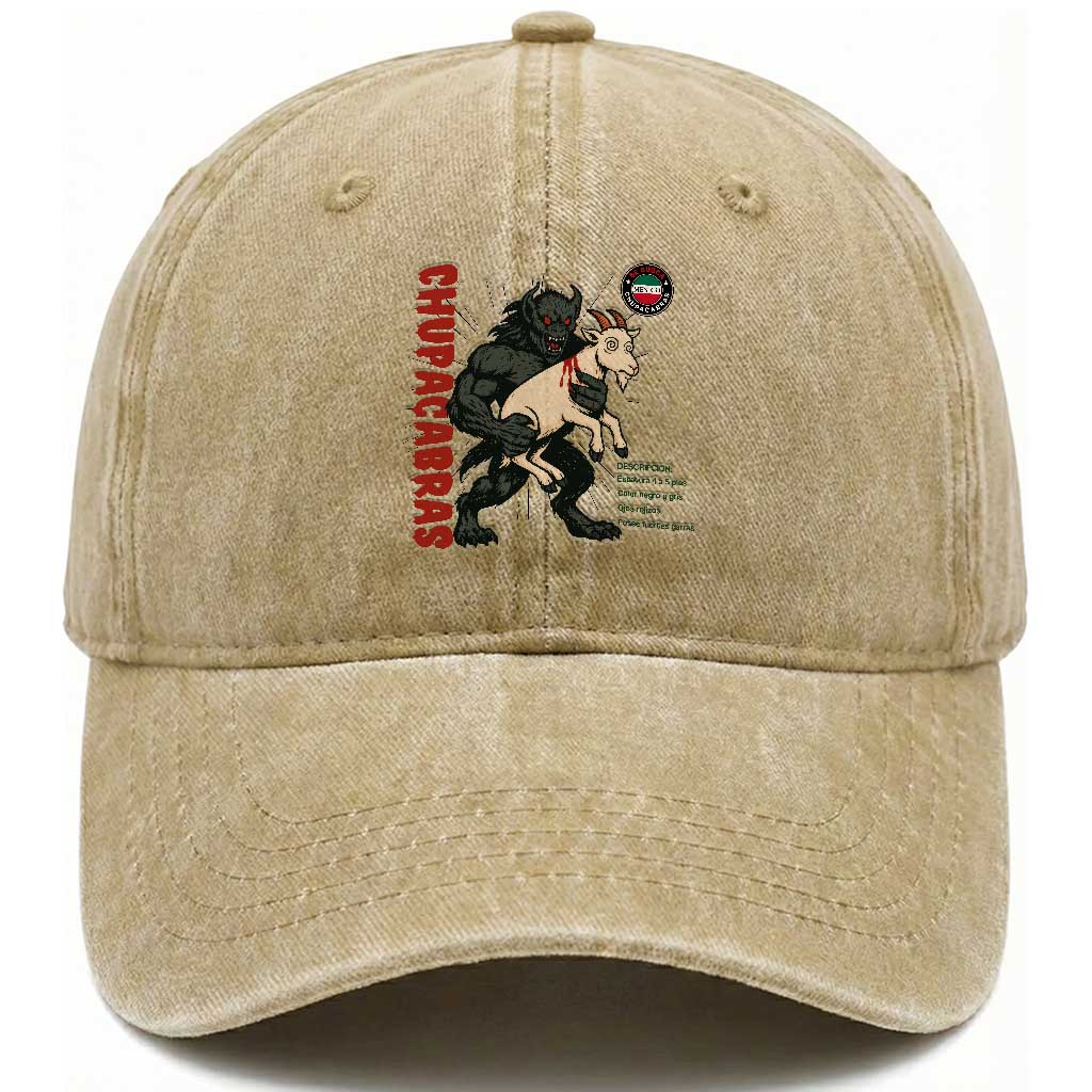 Chupacabra Washed Cotton Baseball Cap Vintage Horror Cryptid Gift TS12 Print Your Wear