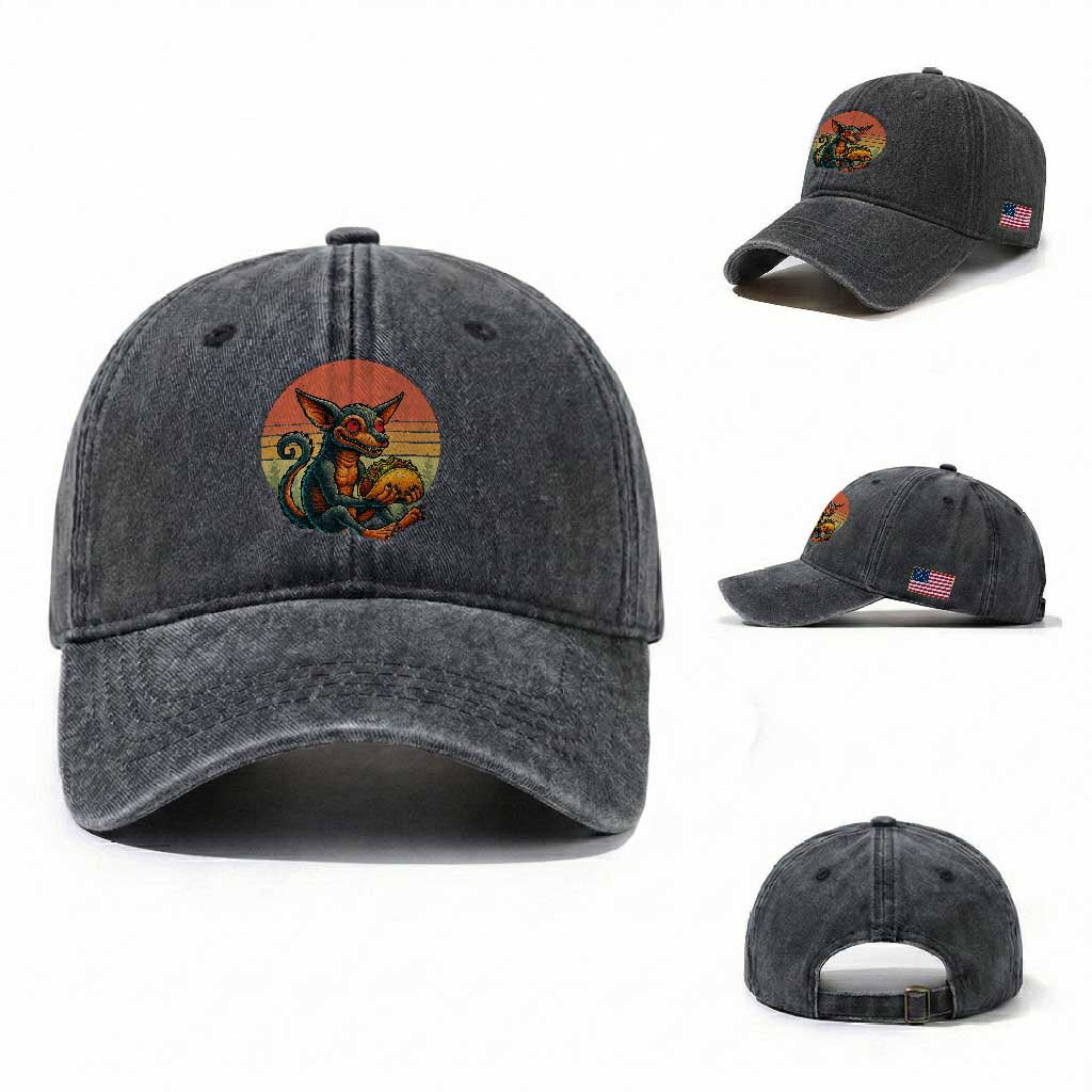 Funny Chupacabra Eat Tacos Cryptid Gift Washed Cotton Baseball Cap TS12 Washed Cap Universal Fit Dark Gray Print Your Wear