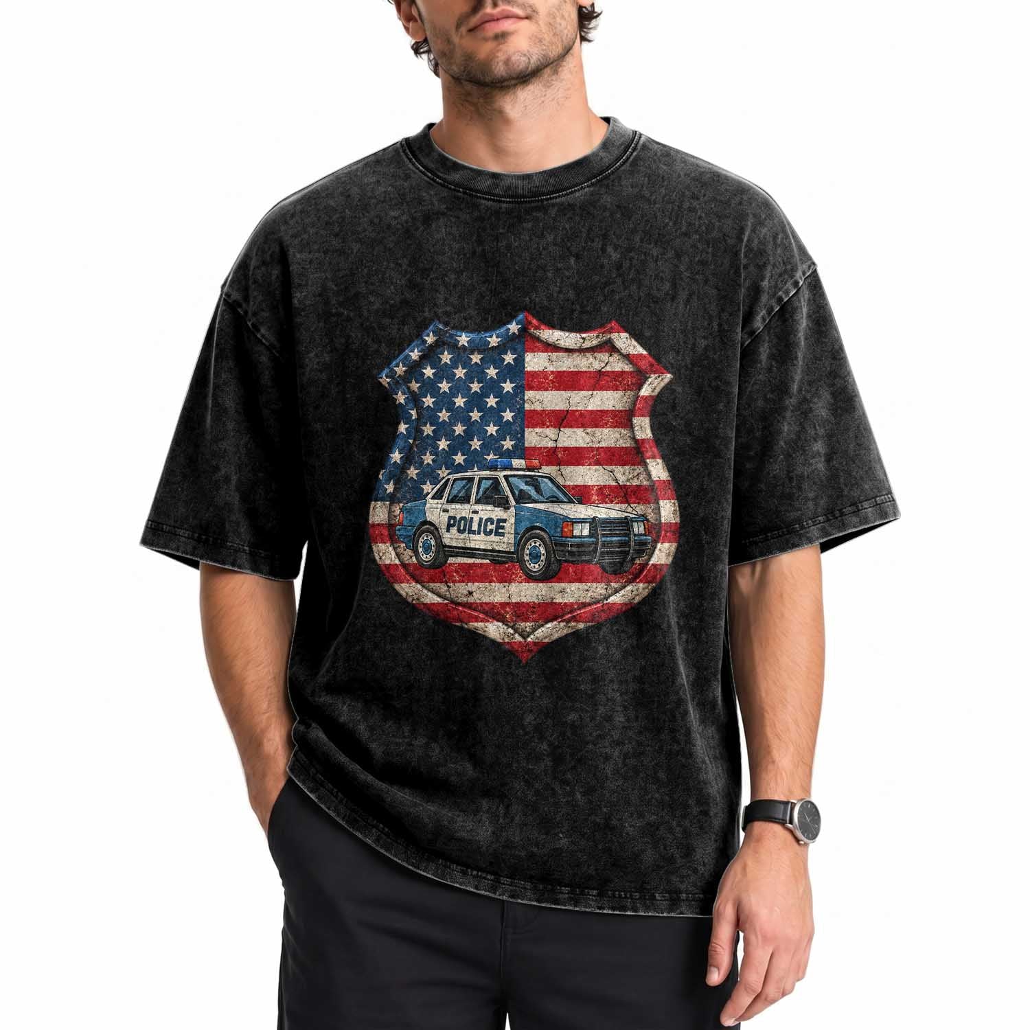 Vintage Police Shield US Flag Washed Cotton T-Shirt Patriotic Law Enforcement Car