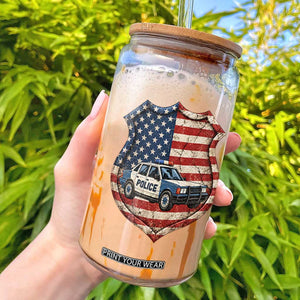 Vintage Police Shield US Flag Glass Can Patriotic Law Enforcement Car