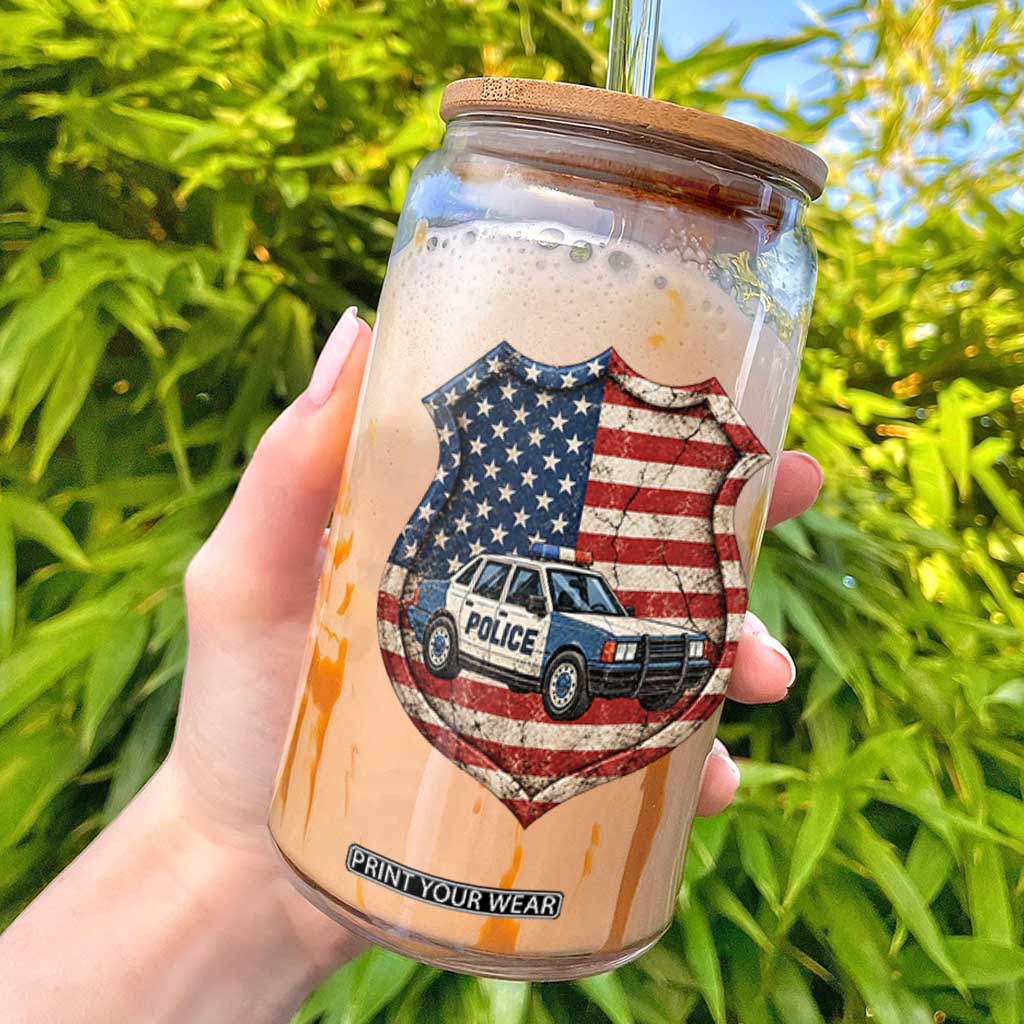 Vintage Police Shield US Flag Glass Can Patriotic Law Enforcement Car