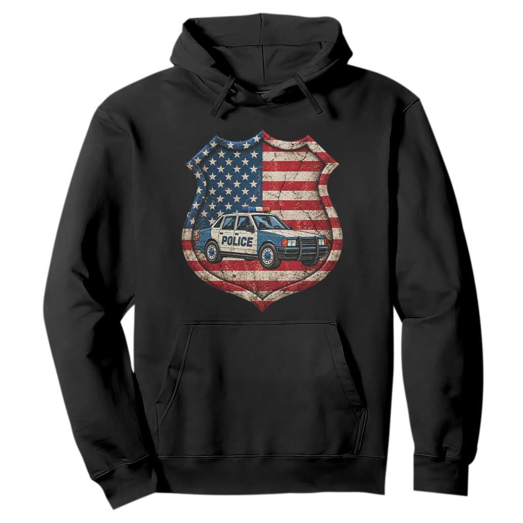 Vintage Police Shield US Flag Hoodie Patriotic Law Enforcement Car