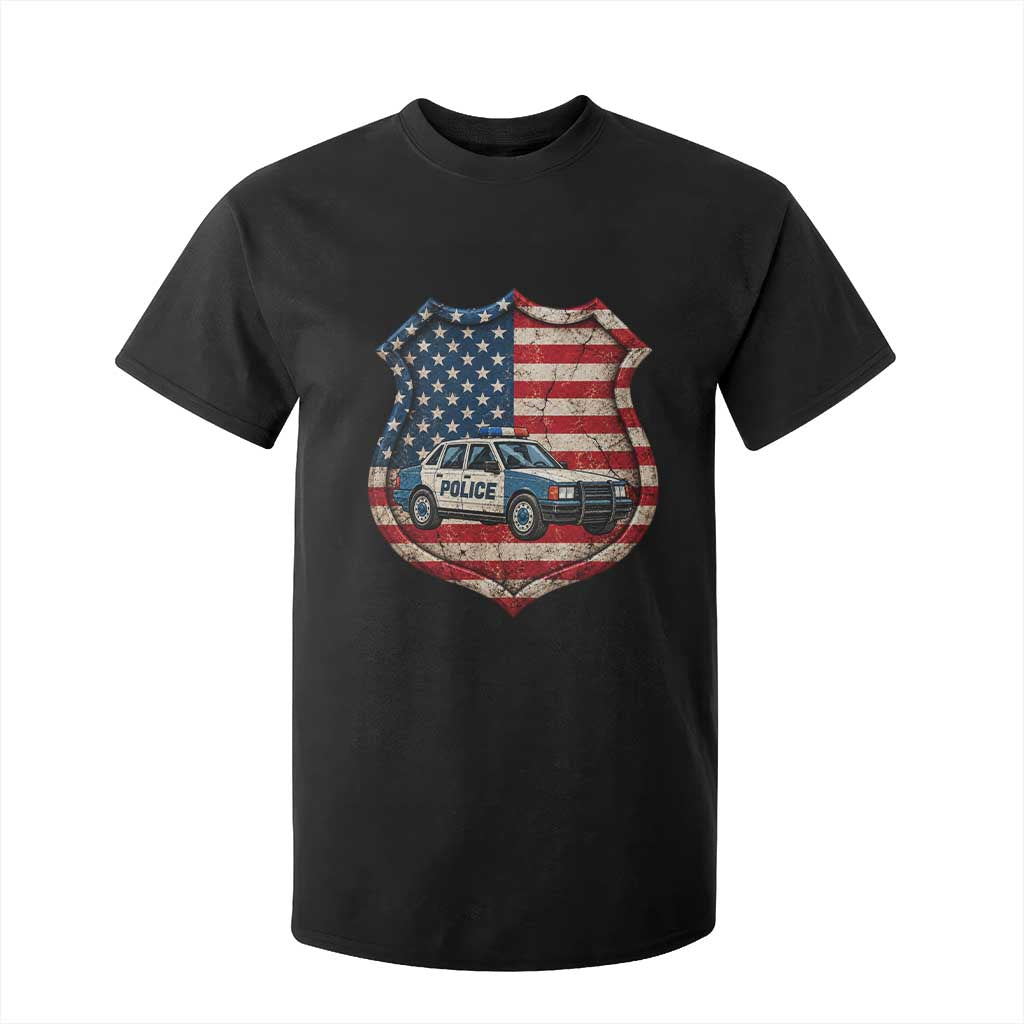 Vintage Police Shield US Flag T Shirt For Kid Patriotic Law Enforcement Car