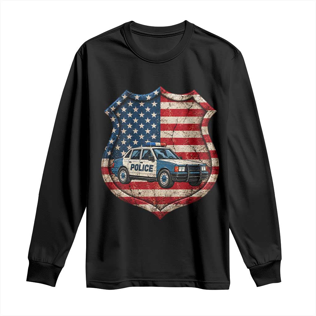 Vintage Police Shield US Flag Long Sleeve Shirt Patriotic Law Enforcement Car