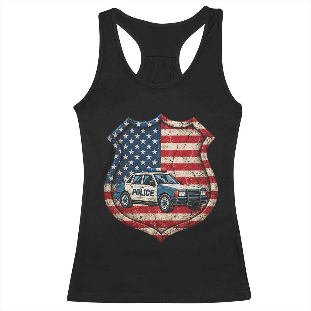 Vintage Police Shield US Flag Racerback Tank Top Patriotic Law Enforcement Car