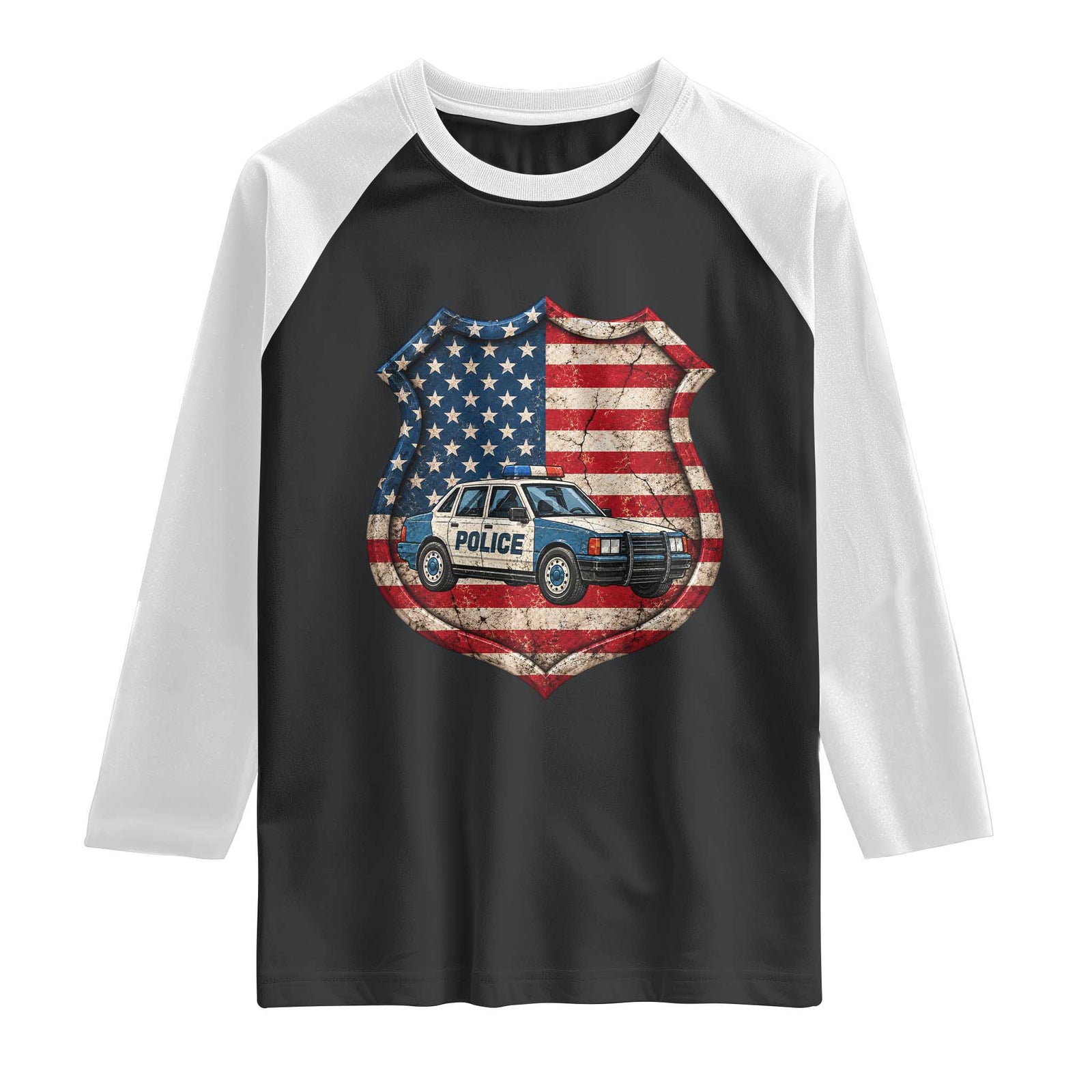 Vintage Police Shield US Flag Raglan Shirt Patriotic Law Enforcement Car