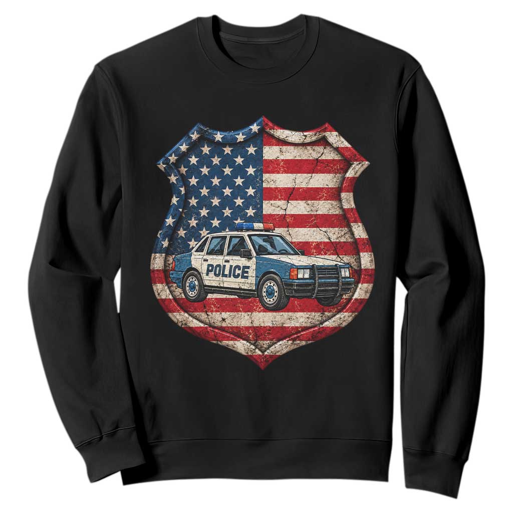 Vintage Police Shield US Flag Sweatshirt Patriotic Law Enforcement Car
