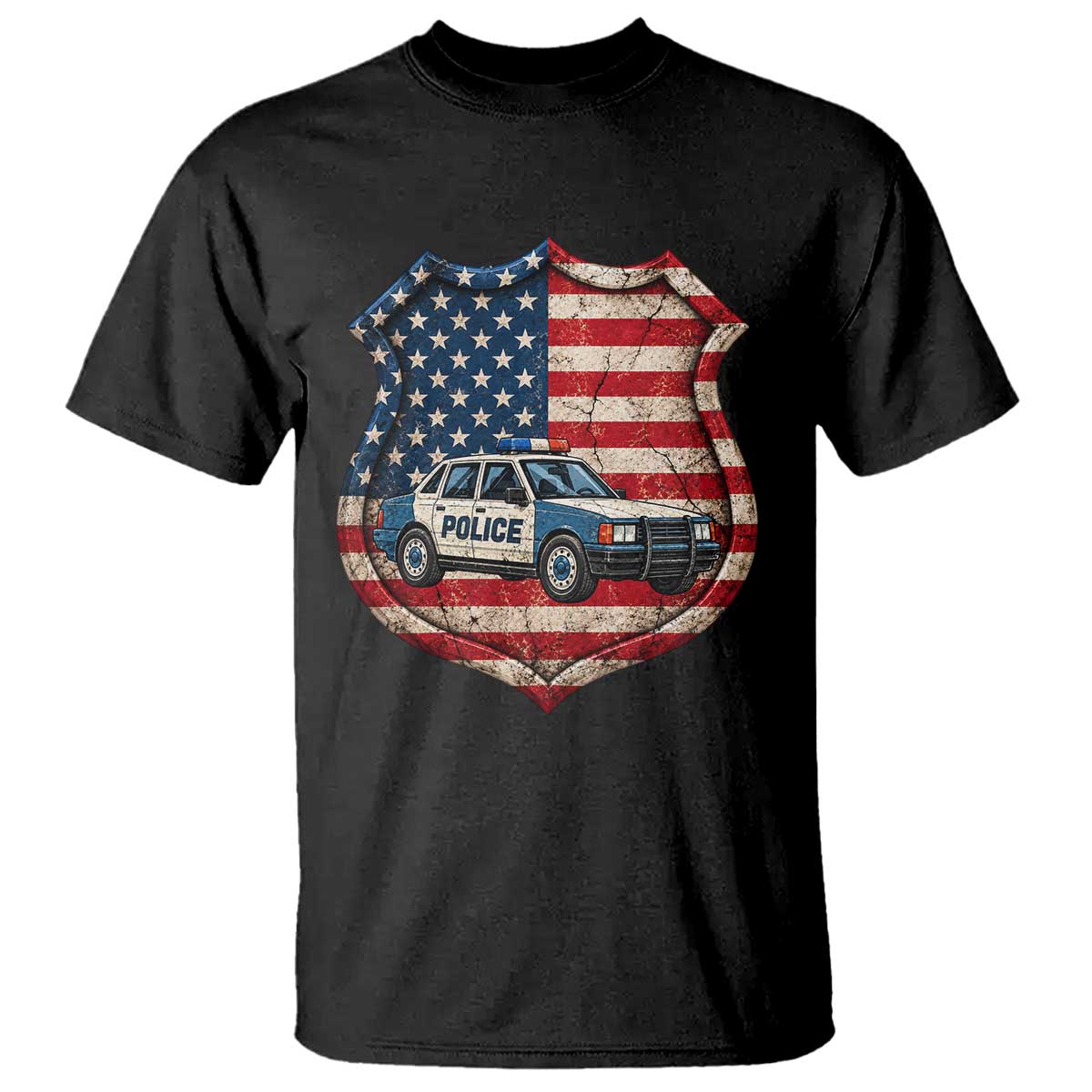 Vintage Police Shield US Flag T Shirt Patriotic Law Enforcement Car